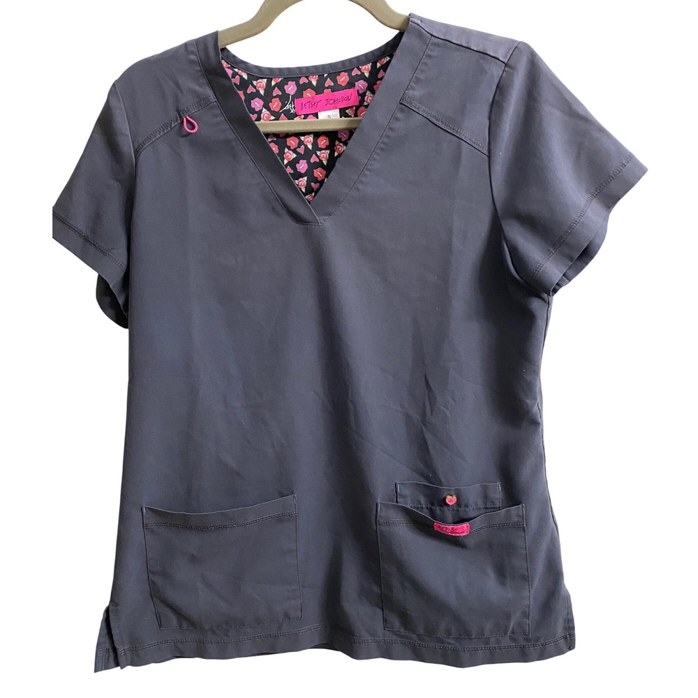 Betsey Johnson B101 Womens Scrub Top Small Gray V-Neck Pocket Medical Nurse‎